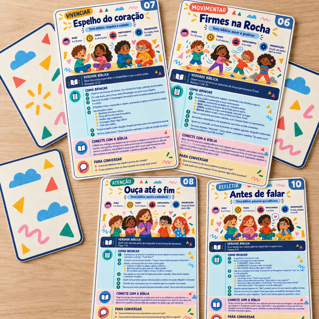 Conjunto de cartas do baralho de dinâmicas bíblicas sobre uma mesa
